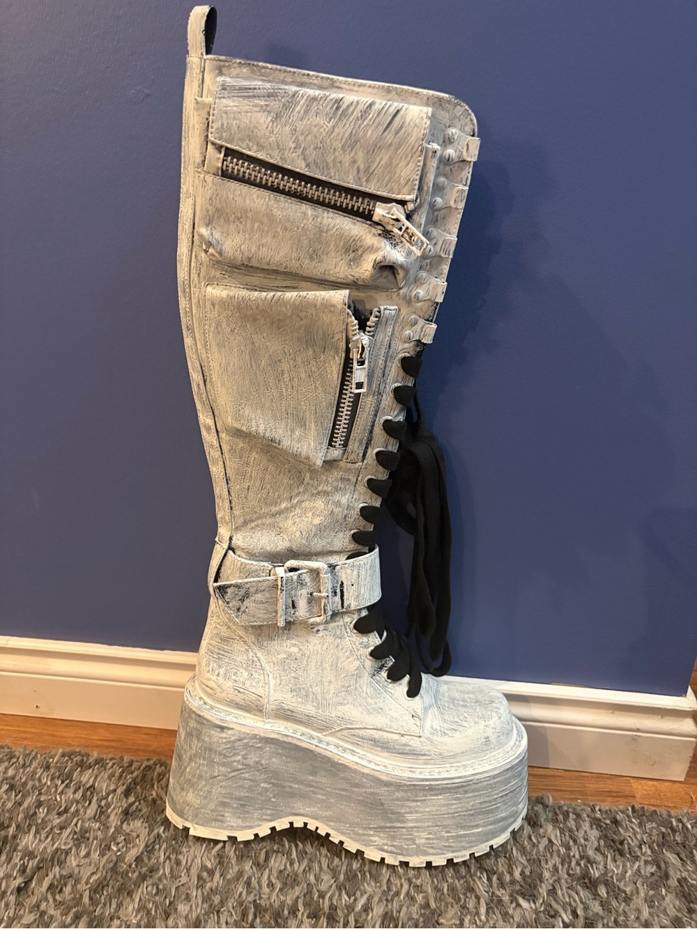 Current Mood White Platform Lace-Up Knee Boot with Zipper Pockets